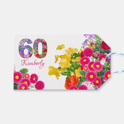 60th birthday party floral bouquet gift tags