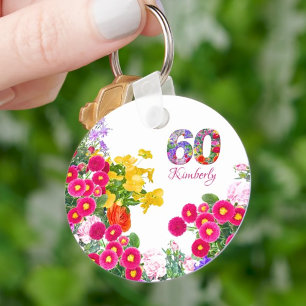 60th birthday party floral bouquet keychain