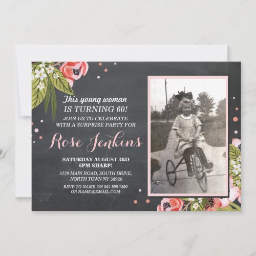 60th Birthday Party Floral Chalk Pink Photo Invite