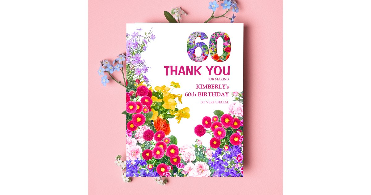 60th birthday party floral flat thank you card | Zazzle