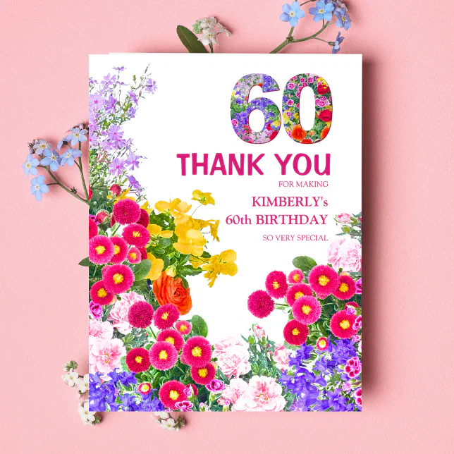 60th birthday party floral flat thank you card | Zazzle