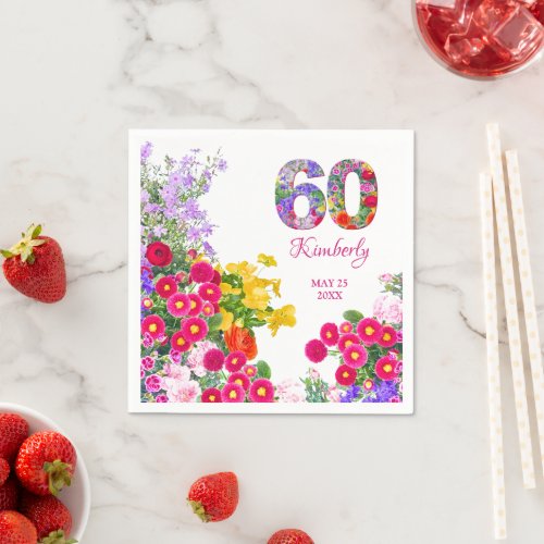 60th birthday party floral name and date napkins