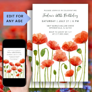 60th Birthday Party Floral Poppies Watercolor Chic Invitation