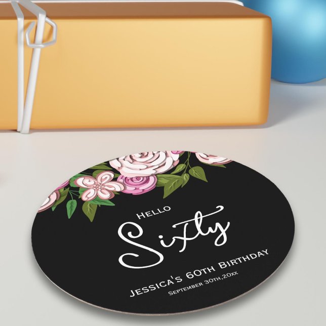 60th Birthday Party Floral Round Paper Coaster (Creator Uploaded)