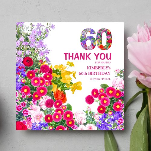 60th birthday party floral thank you flat card