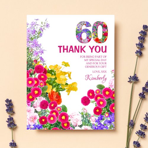 60th birthday party floral thank you postcard