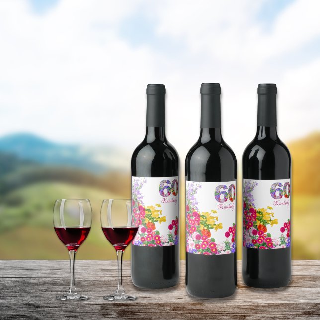 60th birthday party flower bouquet wine labels (Creator Uploaded)