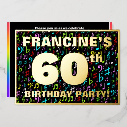 60th Birthday Party  Fun Colorful Music Symbols Foil Invitation