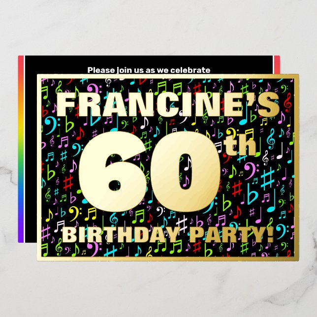 60th Birthday Party — Fun, Colorful Music Symbols Foil Invitation (Front/Back)