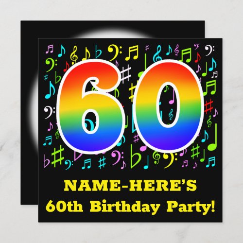 60th Birthday Party Fun Music Symbols Rainbow 60 Invitation