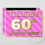 [ Thumbnail: 60th Birthday Party — Fun Pink Hearts and Stripes Invitation ]