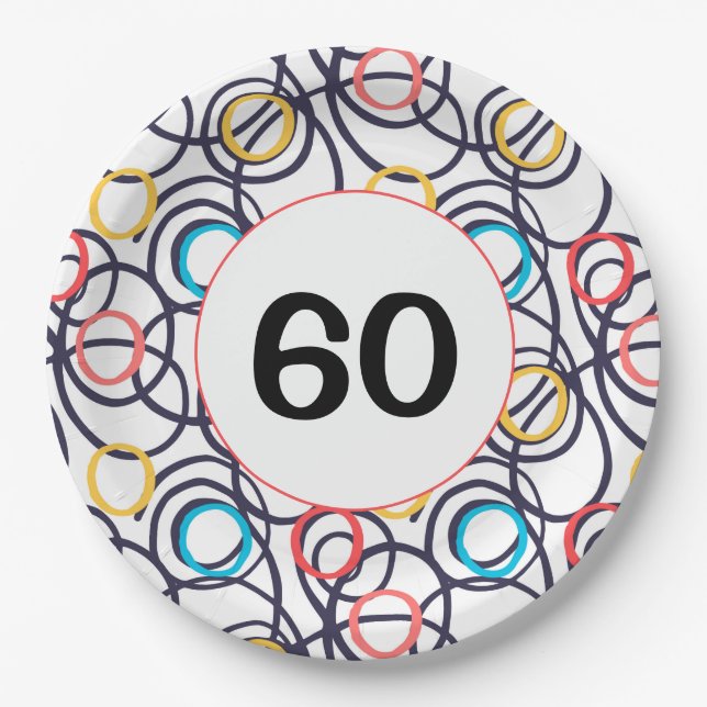 60th Birthday Party Funky Doodles Paper Plates (Front)