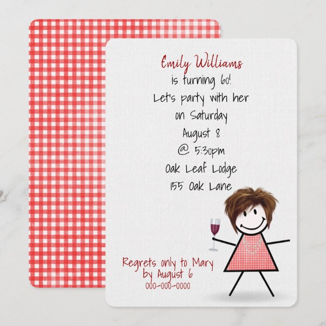 60th Birthday Party Girl with Wine Invitation (Front/Back)