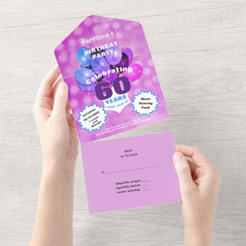 60th Birthday Party Glam Sparkle Glitz Purple Blue All In One Invitation