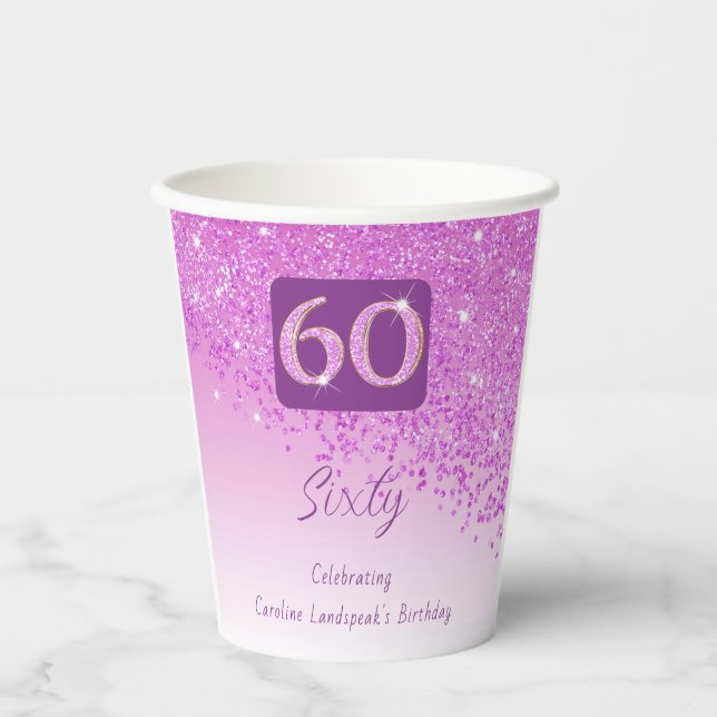 60th Birthday Party Gleaming Pink Glitter Paper Cups (Front)