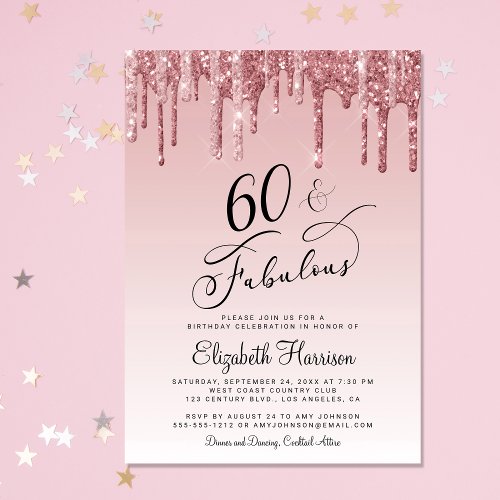 60th Birthday Party Glitter Rose Gold Pink Invitation