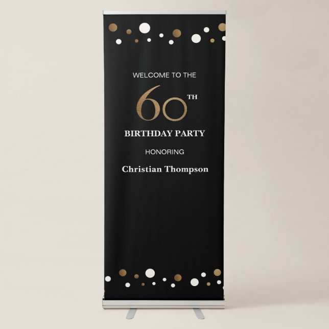 60th birthday party gold and black confetti retractable banner (Front)