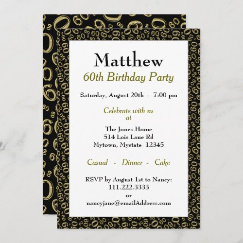 60th Birthday Party Gold and Black Number Pattern Invitation