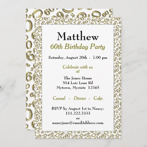 60th Birthday Party Gold and White Number Pattern Invitation