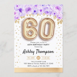 60th Birthday Party - Gold Balloons Purple Invitation