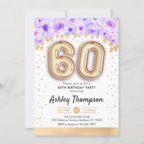 60th Birthday Party _ Gold Balloons Purple Invitation
