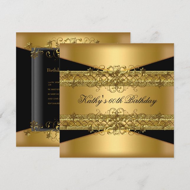 60th Birthday Party Gold Black 60 Invitation (Front/Back)