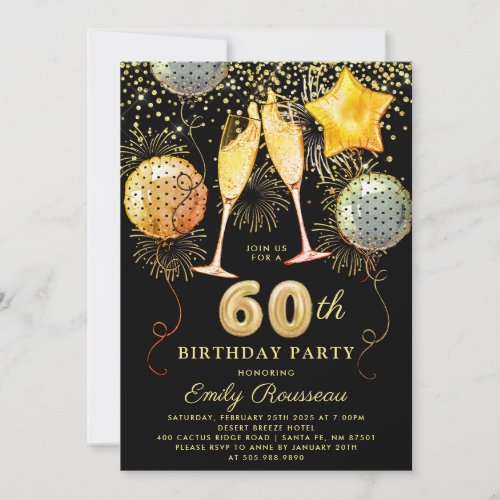 60th Birthday Party Gold Black Glitter Confetti   Invitation