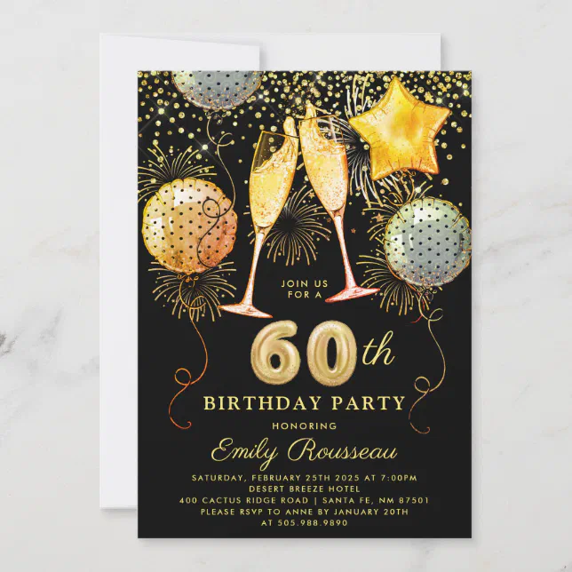 60th Birthday Party Gold Black Glitter Confetti Invitation Zazzle