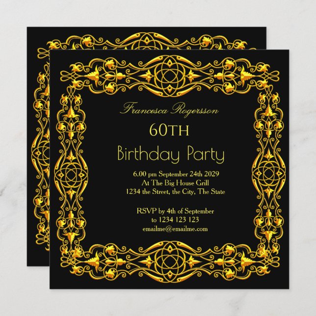 60th Birthday Party Gold Black Invitation (Front/Back)