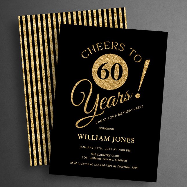 60th Birthday Party Gold Black Invitation (Creator Uploaded)