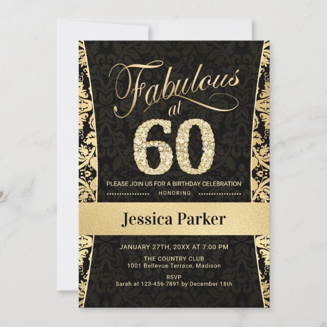 60th Birthday Party Gold Black Invitation (Front)