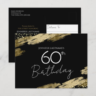 60th Birthday Party Gold Black Invitation Postcard