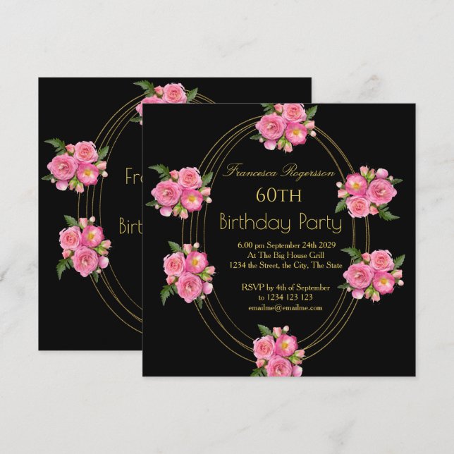 60th Birthday Party Gold Black Pink Flowers  Invitation (Front/Back)