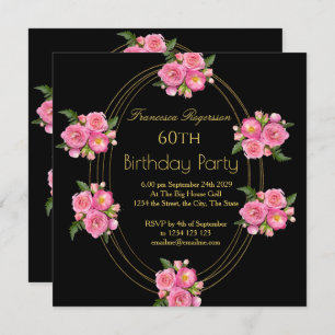 60th Birthday Party Gold Black Pink Flowers Invitation