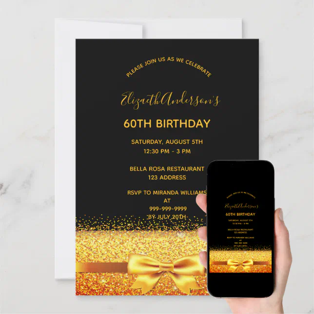 60th Birthday Party Gold Black Sparkle Invitation Zazzle