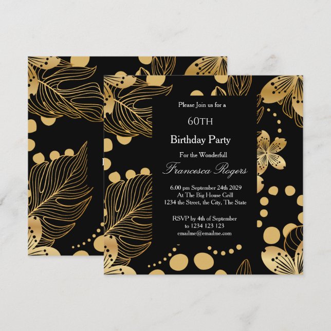60th Birthday Party Gold Black Square Invitation (Front/Back)