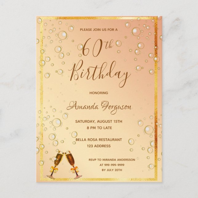 60th birthday party gold bubbles invitation postcard (Front)