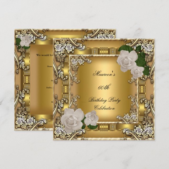 60th Birthday Party Gold Elegant Cream Rose 2 Invitation (Front/Back)