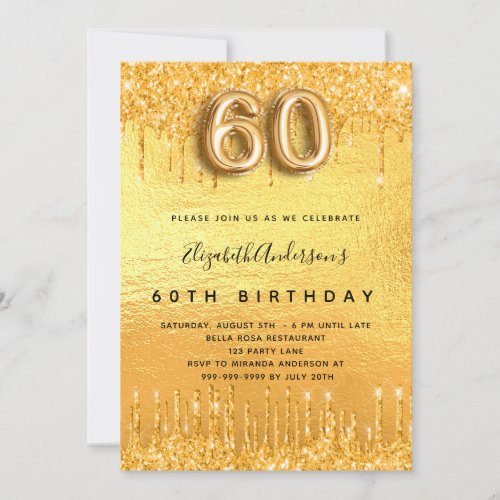 60th birthday party gold glitter drips invitation