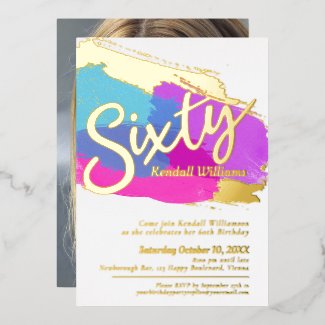 60th Birthday party gold photo bright abstract art Foil Invitation