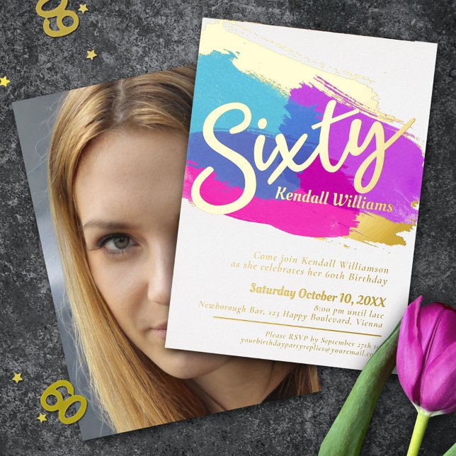 60th Birthday party gold photo bright abstract art Foil Invitation (Creator Uploaded)