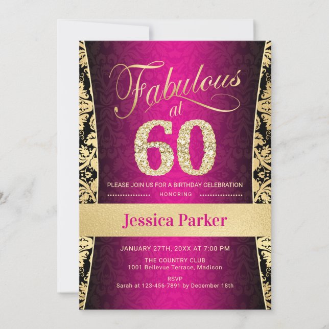 60th Birthday Party - Gold Pink Black Invitation (Front)