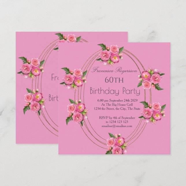 60th Birthday Party Gold Pink Flowers Invitation (Front/Back)
