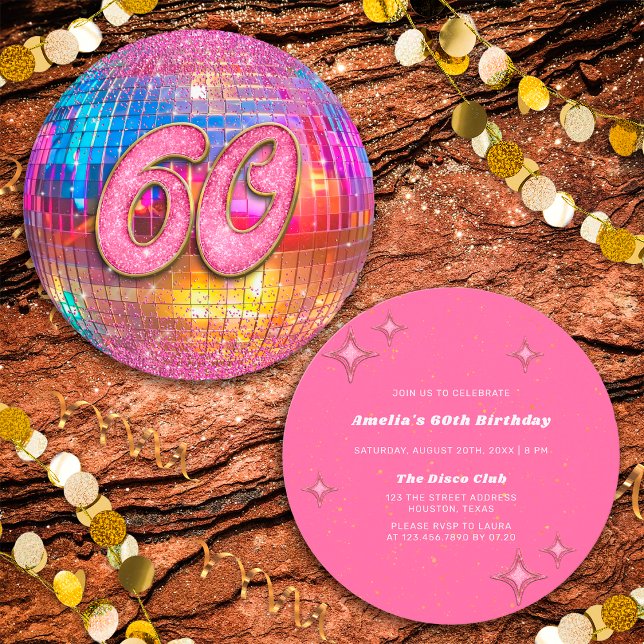 60th Birthday Party Gold Pink Glitter Disco Ball Invitation (Front/Back)