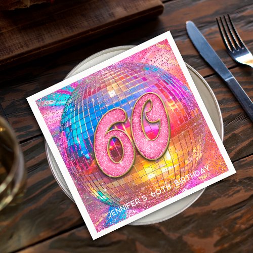 60th Birthday Party Gold Pink Glitter Disco Ball Napkins