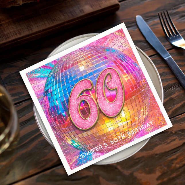 60th Birthday Party Gold Pink Glitter Disco Ball Napkins (Creator Uploaded)