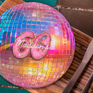 60th Birthday Party Gold Pink Glitter Disco Ball Paper Plates