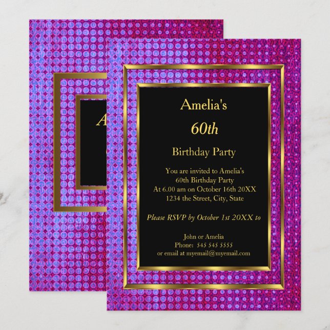 60th Birthday Party Gold  Purple Black Invitation (Front/Back)