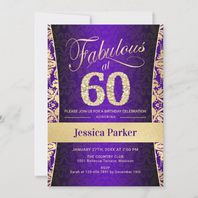 60th Birthday Party - Gold Purple Invitation (Front)