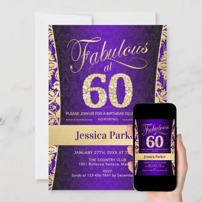 60th Birthday Party - Gold Purple Invitation 